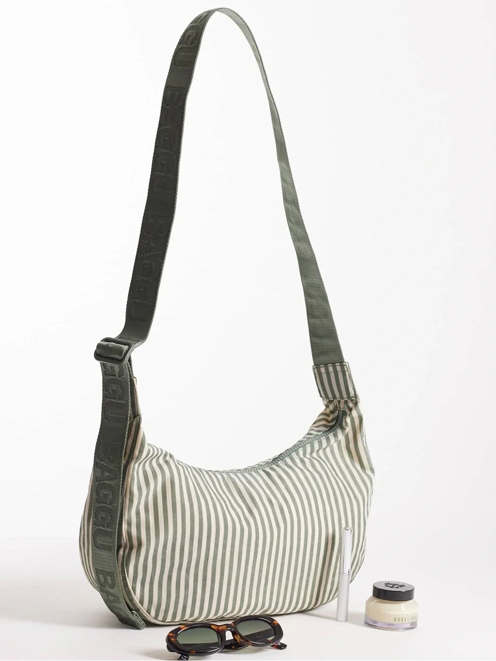 Baggu Medium Nylon Crescent Bag in sage stripe